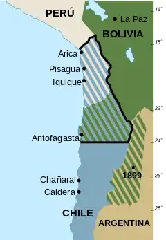 Map showing 1879 borders of Peru, Bolivia, Chile, and Argentina with indication of region under dispute in War of the Pacific with key cities, including Antofagasta and Arica, highlighted