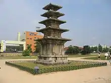 Five-story Stone Pagoda at Jeongnimsa Temple Site, one of the oldest surviving pagodas in Korea. Baekje period, Buyeo, South Korea.