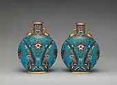 Pair of round and flat bodied bottles; 1870–1880; porcelain; first bottle: 26.4 × 21 × 10.6&nbsp;cm, second bottle: 25.7 × 20.2 × 10.2&nbsp;cm; Metropolitan Museum of Art