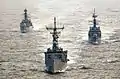 USS&nbsp;Reuben James leads PNS Shahjahan and PNS Tippu Sultan in Exercise Inspired Siren in the Indian Ocean in 2002.