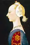 A Young Lady of Fashion is attributed to the Florentine painter and mathematician Paolo Uccello and dates early 1460s. The young lady has plucked her hairline to increase the expanse, and thus elegance, of her forehead, and a lock of hair falls at the back in a ponytail. A tight-fitting cap covers her ears, a fashion possibly due to the prevalent belief of the time that the Virgin Mary conceived through the ear.
