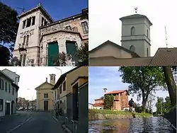 From top, clockwise: Villa Ida Lampugnani-Gajo, ornamental tower in a lombard court, a roggia with the "Madonna di Dio il Sà" church in the background, via San Michele with the church of San Michele in the background.