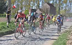The winning breakaway in Bourghelles, at 26&nbsp;km (16&nbsp;mi) from the finish. From left to right: Jasper Stuyven, Gianni Moscon, Greg Van Avermaet, Sebastian Langeveld, Jürgen Roelandts and Zdeněk Štybar
