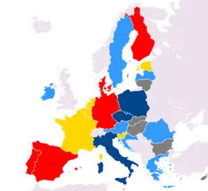 The states of the European Union by the European affiliations of their leaders, as of 18 May 2023Does not account for coalitions. Key to colours is as follows:
.mw-parser-output .legend{page-break-inside:avoid;break-inside:avoid-column}.mw-parser-output .legend-color{display:inline-block;min-width:1.25em;height:1.25em;line-height:1.25;margin:1px 0;text-align:center;border:1px solid black;background-color:transparent;color:black}.mw-parser-output .legend-text{}&nbsp;&nbsp;European People's Party (9)
(AT, CY, DE, GR, HR, LV, RO, SI, SK)

.mw-parser-output .legend{page-break-inside:avoid;break-inside:avoid-column}.mw-parser-output .legend-color{display:inline-block;min-width:1.25em;height:1.25em;line-height:1.25;margin:1px 0;text-align:center;border:1px solid black;background-color:transparent;color:black}.mw-parser-output .legend-text{}&nbsp;&nbsp;Party of European Socialists (6) 
(DK, ES, FI, MT, PT, SE)

.mw-parser-output .legend{page-break-inside:avoid;break-inside:avoid-column}.mw-parser-output .legend-color{display:inline-block;min-width:1.25em;height:1.25em;line-height:1.25;margin:1px 0;text-align:center;border:1px solid black;background-color:transparent;color:black}.mw-parser-output .legend-text{}&nbsp;&nbsp;Alliance of Liberals and Democrats for Europe Party (6)
(BE, CZ, EE, IE, LU, NL)

.mw-parser-output .legend{page-break-inside:avoid;break-inside:avoid-column}.mw-parser-output .legend-color{display:inline-block;min-width:1.25em;height:1.25em;line-height:1.25;margin:1px 0;text-align:center;border:1px solid black;background-color:transparent;color:black}.mw-parser-output .legend-text{}&nbsp;&nbsp;Independent (5)
(BG, FR, HU, IT, LT)

.mw-parser-output .legend{page-break-inside:avoid;break-inside:avoid-column}.mw-parser-output .legend-color{display:inline-block;min-width:1.25em;height:1.25em;line-height:1.25;margin:1px 0;text-align:center;border:1px solid black;background-color:transparent;color:black}.mw-parser-output .legend-text{}&nbsp;&nbsp;European Conservatives and Reformists Party (1)
(PL)