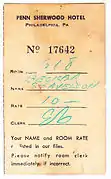 A vintage Penn Sherwood room card.