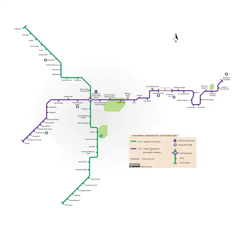 Operational Line map of Namma Metro as of March 2023