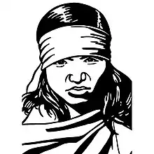 A black and white head and shoulder illustration of a woman wearing a bandana and frowning at the artist