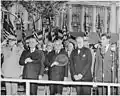 President Dutra and U.S. President Harry S. Truman standing at attention with other dignitaries during welcoming ceremonies for Dutra in Washington, D.C. on May 18.