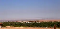 Desert landscape with a broad band of green trees in the foreground, and inmediately behind the trees the town of Pica. Behind the town a large barren plain is seen and farthest parts a series of large but gently.sloping mountains.