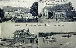 Pötschendorf in the 1900s, showing the palace, school building (1907), the rail station (1908) and the lake