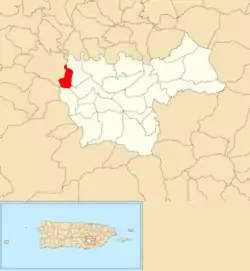 Location of Piedras within the municipality of Cayey shown in red