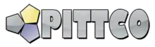 Three pentagons in yellow, blue, and gray with a gray Pittco text next to it, plastic looking with waves
