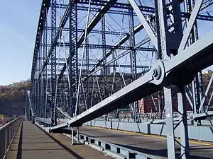Detail of the ironwork on the Smithfield Street Bridge, looking south