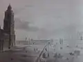 Plaza Mayor of Mexico City by Pedro Guridi (c. 1850) shows the sun disk attached to the side of the cathedral tower, it was placed there in 1790 when it was discovered and remained on the tower until 1885
