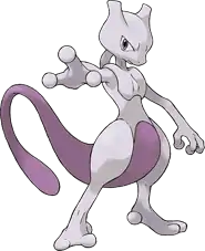 A large white and purple creature standing upright with its right arm outstretched towards the viewer. It has a feline-shaped head, long purple tail and stomach, enlarged thighs, three fingers, and two toes.