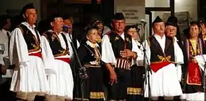 Greek polyphonic group from Dropull wearing skoufos and fustanella