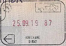 Exit stamp for road travel, issued at Hrebenne