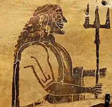 Poseidon holding a trident. Corinthian plaque, 550-525 BC. From Penteskouphia.