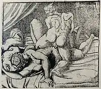 This image is made from two images. One is the image from the woodcut booklet. The second is the engraving from the British Museum.