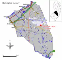 Map of Presidential Lakes Estates highlighted in Burlington County. Inset: Location of Burlington County in New Jersey.