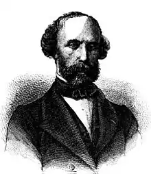 A realistic black-and-white portrait of Schimper, who had a full beard and mustache, sideburns, a receding hairline, and is dressed in a formal jacket and bowtie