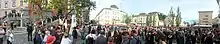Large crowd with banners