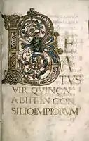 Late Anglo-Saxon scrolls in a Beatus initial, drawing on classical acanthus scrolls, via the Carolingian Renaissance