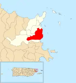 Location of Quebrada Vueltas within the municipality of Fajardo shown in red