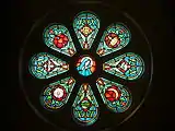 Detail of the Marian rose window in the choir loft. This window is above the main front doors.