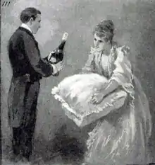 Man in formal evening clothes with a bottle of champagne; woman in evening clothes holding a cushion