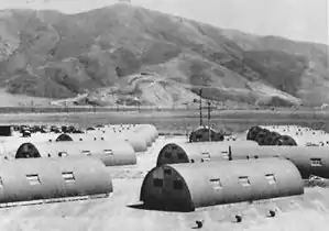 Quonset huts in Point Mugu, California in 1946 (Laguna Peak in background).
