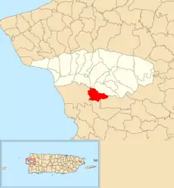 Location of Río Cañas within the municipality of Añasco shown in red