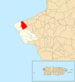 Location of Río Grande within the municipality of Rincón shown in red