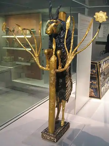 An example of elaborate Sumerian sculpture: the "Ram in a Thicket", excavated in the royal cemetery of Ur by Leonard Woolley and dated to about 2600–2400&nbsp;BCE. Wood, gold leaf, lapis lazuli and shell. British Museum, ME&nbsp;122200.