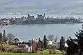 Stadtmuseum Rapperswil, Liebfrauenkapelle, Stadtpfarrkirche St. Johann (St. John's church) and the Schloss, as seen from Kempraten-Lenggis