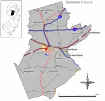 Map of Raritan in Somerset County. Inset: Location of Somerset County highlighted in the State of New Jersey.