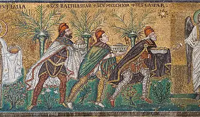 Three Wise Men or Magi wearing trousers and Phrygian caps as a sign of their Oriental origin.