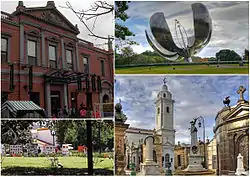 Clockwise from top: the Recoleta Cultural Center, Floralis Genérica, France Square and the Recoleta Cemetery with the Basilica of Our Lady of the Pillar.