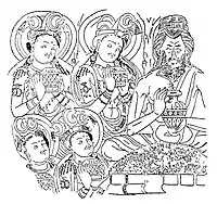The sharing of the relics of the Buddha by the Bamana Dona, to eight kings (four are visible). Relief from the Cave of the Painters, Kizil Caves, circa 500 CE