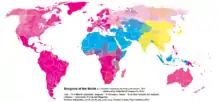 Distribution of world religions by country/state, and by smaller administrative regions for the largest countries (2012 data)..mw-parser-output .legend{page-break-inside:avoid;break-inside:avoid-column}.mw-parser-output .legend-color{display:inline-block;min-width:1.25em;height:1.25em;line-height:1.25;margin:1px 0;text-align:center;border:1px solid black;background-color:transparent;color:black}.mw-parser-output .legend-text{}&nbsp;&nbsp;% Christian population .mw-parser-output .legend{page-break-inside:avoid;break-inside:avoid-column}.mw-parser-output .legend-color{display:inline-block;min-width:1.25em;height:1.25em;line-height:1.25;margin:1px 0;text-align:center;border:1px solid black;background-color:transparent;color:black}.mw-parser-output .legend-text{}&nbsp;&nbsp;% Islam population .mw-parser-output .legend{page-break-inside:avoid;break-inside:avoid-column}.mw-parser-output .legend-color{display:inline-block;min-width:1.25em;height:1.25em;line-height:1.25;margin:1px 0;text-align:center;border:1px solid black;background-color:transparent;color:black}.mw-parser-output .legend-text{}&nbsp;&nbsp;% all other religions but Judaism(Equal parts cyan/magenta - Judaism)