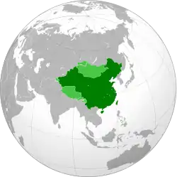 Land controlled by the Empire of China (1915–1916) shown in dark green; land claimed but uncontrolled shown in light green.