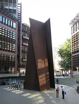 Richard Serra, Fulcrum 1987, 55&nbsp;ft high free standing sculpture of Cor-ten steel near Liverpool Street station, London