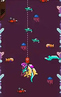 Red lure hangs from dotted line two-thirds down the screen with a bunch of fish attached where the hook once was, surrounding it in the royal purple sea are crabs, orange fish, eels, and blue jellyfish, with crystal-like protrusions from the left and right walls