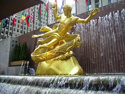 The gilded bronze Prometheus at Rockefeller Center, New York City, N.Y., by Paul Manship (1934), a stylised Art Deco update of classical sculpture (1936)