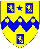 Arms of Henry Rolle of Petrockstowe: Or, on a fesse dancette between three billets azure each charged with a lion rampant of the first three bezants a mullet for difference