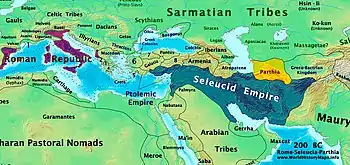 A map centered on the Mediterranean and Middle East showing the extent of the Roman Republic (Purple), Selucid Empire (Blue), and Parthia (Yellow) around 200&nbsp;BC.