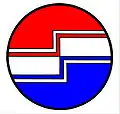 a fess rompu - On a roundel per fess gules and azure a fess rompu, cottised, argent - Albion Herald, Canada