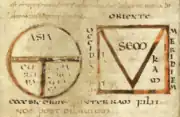 T and O map accompanied by a V-in-square map, from a copy of the Etymologiae (c. late 8th century).