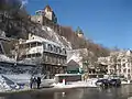 The southern end of the street, at its junction with Boulevard Champlain, with the Château Frontenac above
