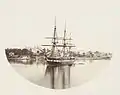 HMS Galatea in Farm Cove; Government House to the left, c. 1870, [attributed Charles Pickering]